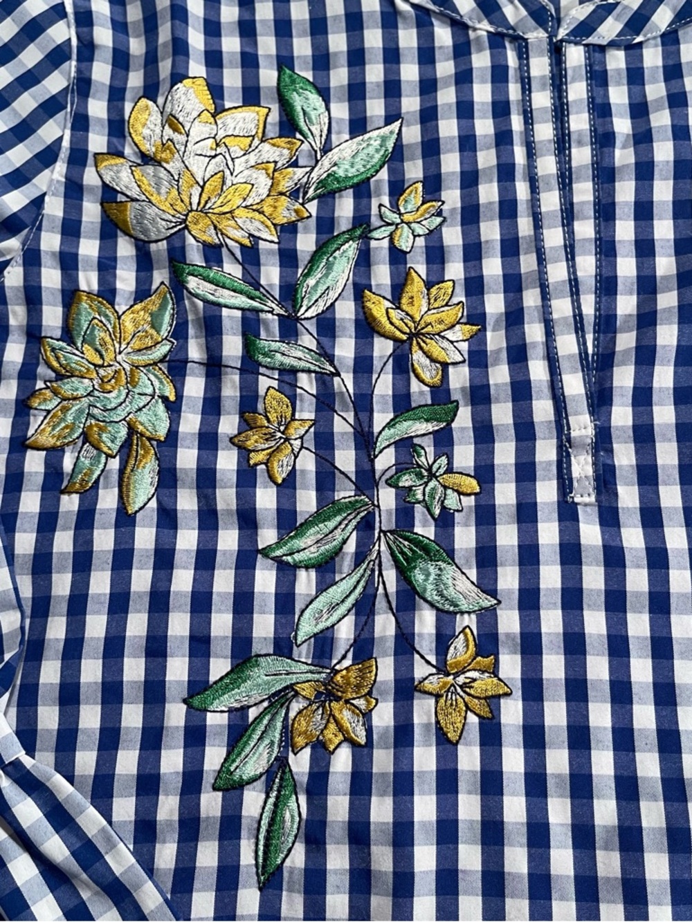 Blue Gingham Floral Embroidered Tunic Top SP 4/6 NWT